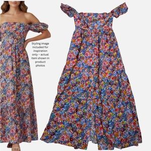 NEW HALE BOB Pink Ditsy Floral Maxi Dress Strapless/Off Shoulder Button Front L